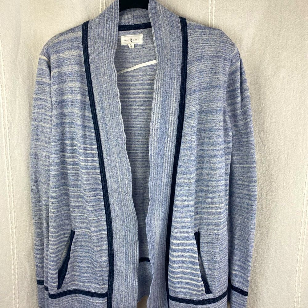 𝅺LOU & Grey Gray White Blue Striped Open Cardigan Size‎ Large